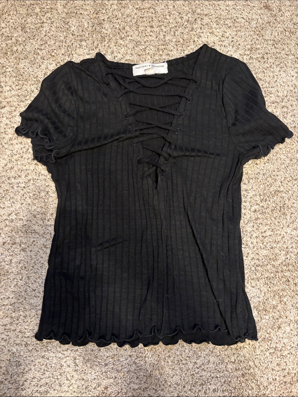 Urban Outfitters Black Ribbed Lace-Up Short Sleeve Tee